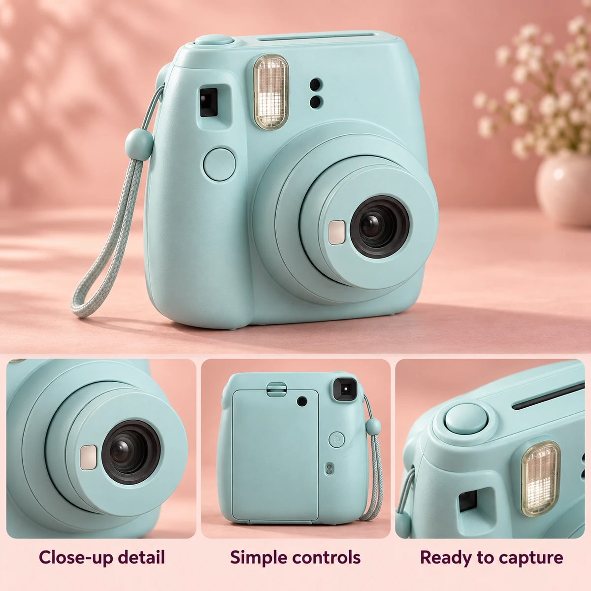 Aqua instant camera with close-ups of its lens, rear controls and shutter on a peach backdrop