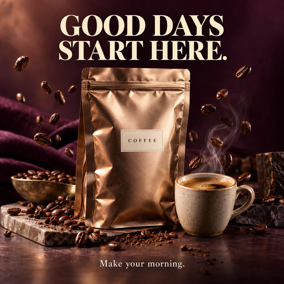 Metallic coffee pouch, espresso and floating beans in a plum campaign reading Good days start here