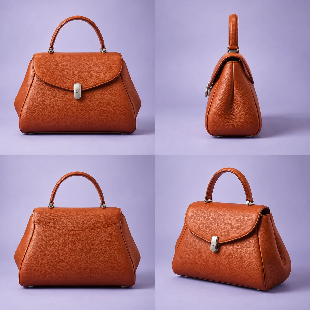 Burnt-orange leather handbag shown from the front, side, back and three-quarter view on lavender