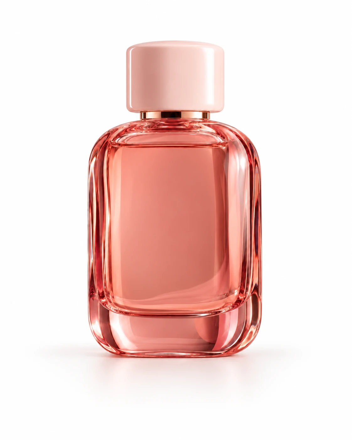 The same coral perfume bottle on a clean white studio background with a soft shadow