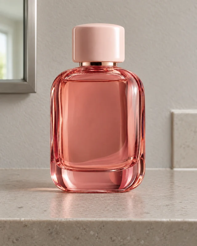 Coral perfume bottle photographed in an everyday setting
