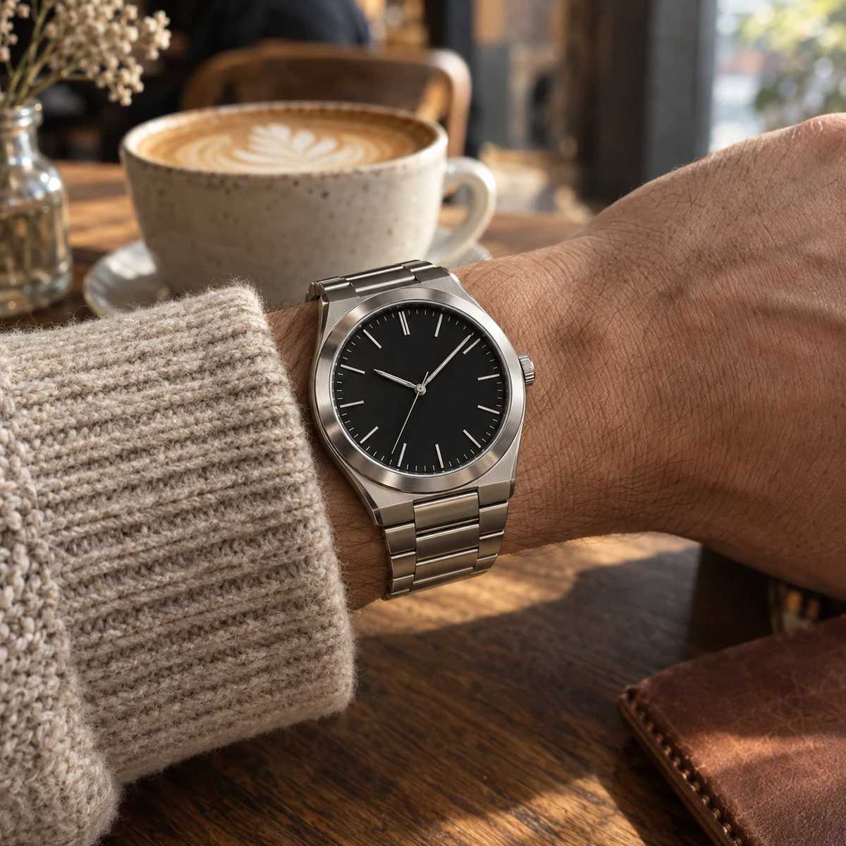 A steel wristwatch worn with a knitted sleeve at a sunlit cafe