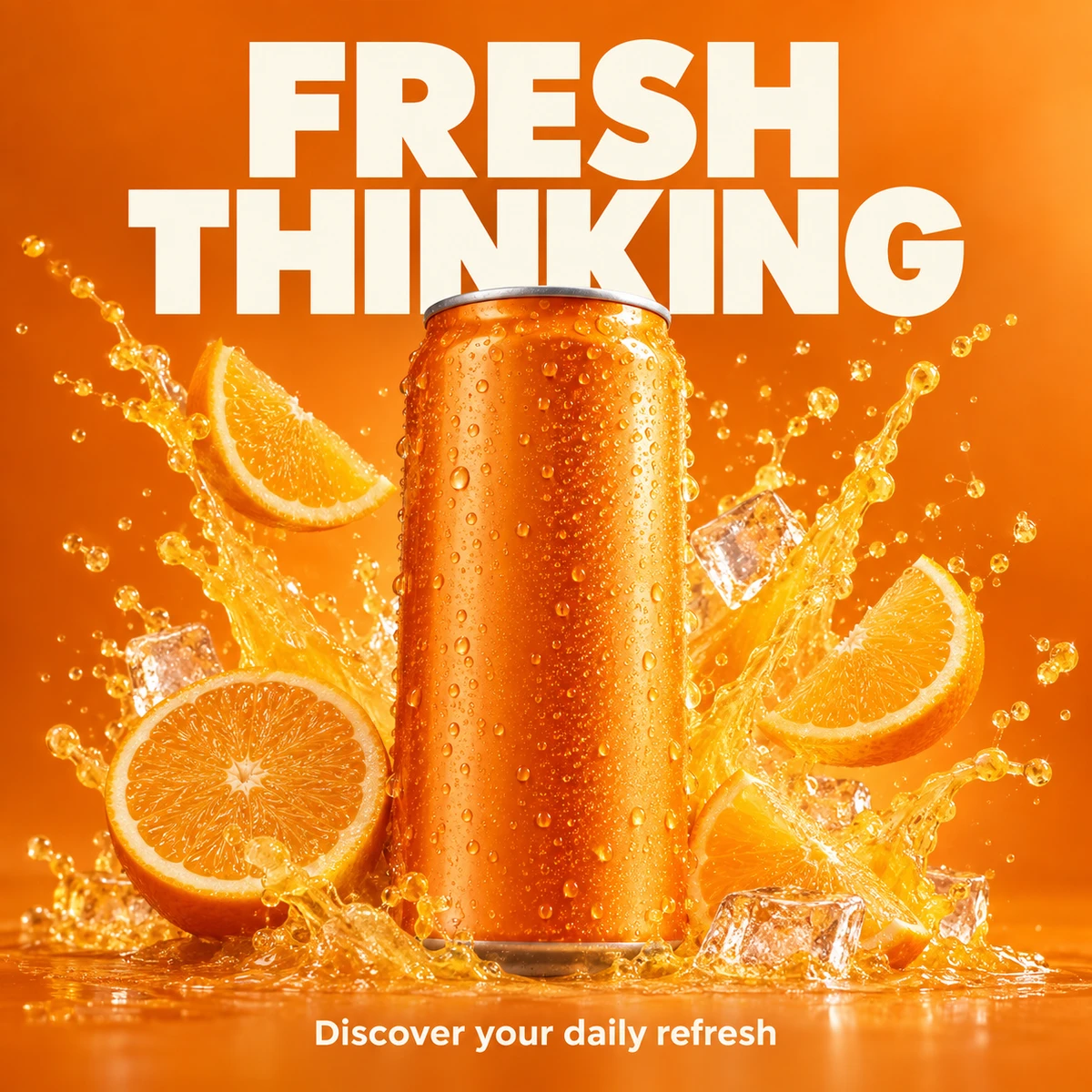 Orange drink campaign with splashing citrus and bold Fresh Thinking typography