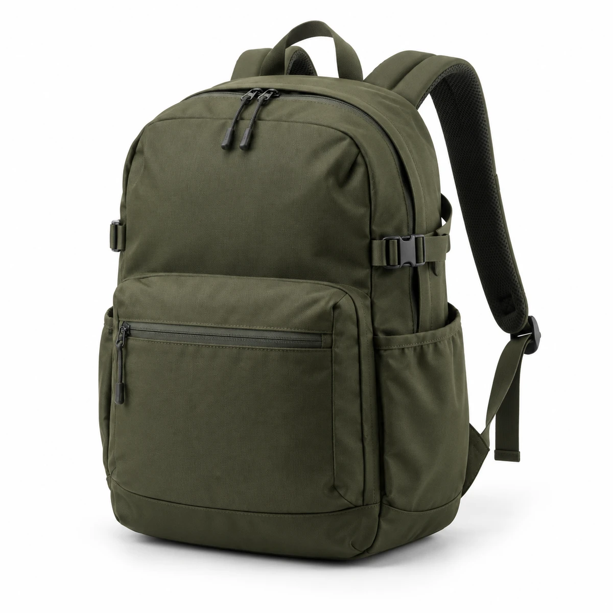 Olive backpack photographed on a clean studio background
