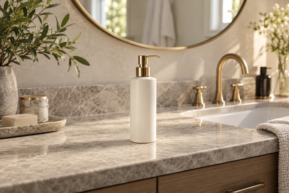 Skincare styled in a softly lit bathroom