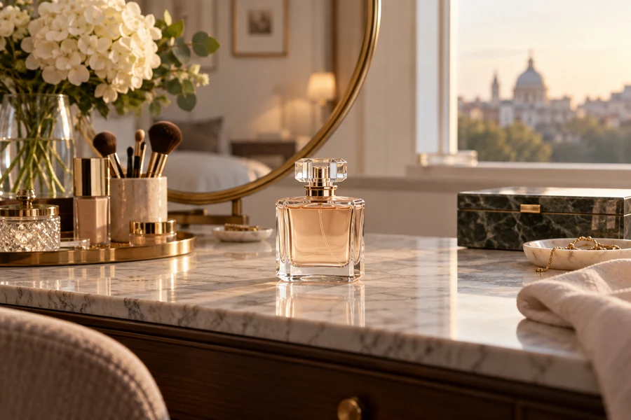 A beauty product in a warmly lit dressing-table scene